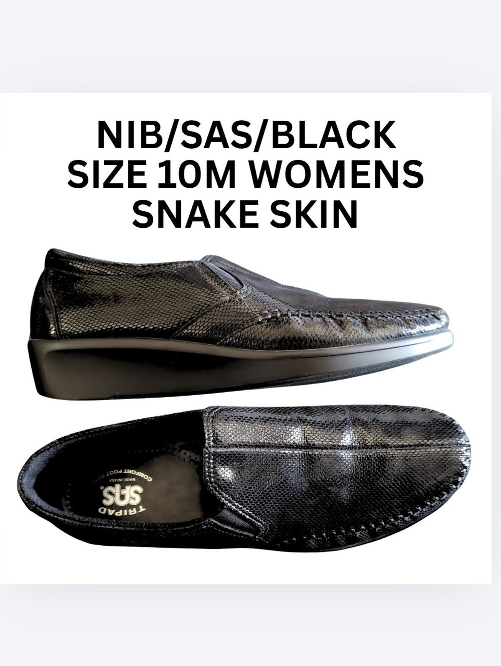 SAS Black Snake-Embossed Slip-On Loafers 10M